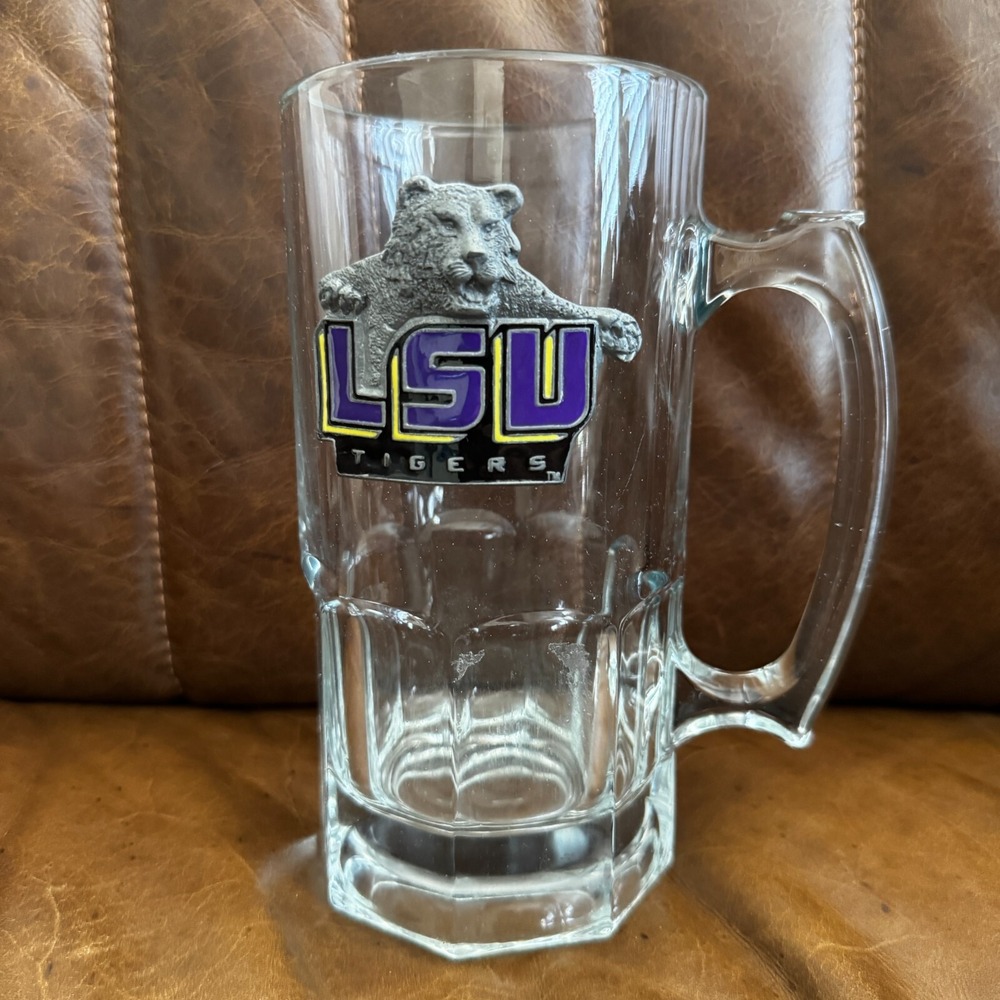 LSU Raised Pewter Emblem On 32 oz Glass Beer Mug Louisiana Tigers